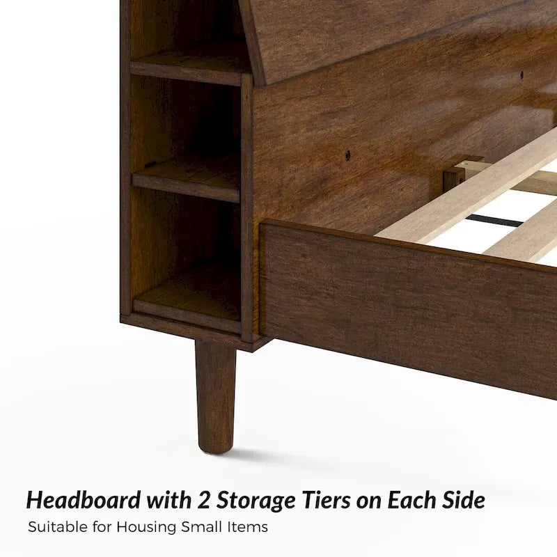 Mid-Century Modern Solid Wood Platform Bed with USB Ports and Storage Space by