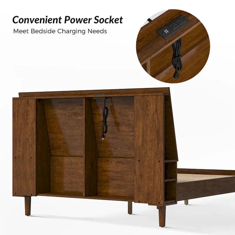 Mid-Century Modern Solid Wood Platform Bed with USB Ports and Storage Space by