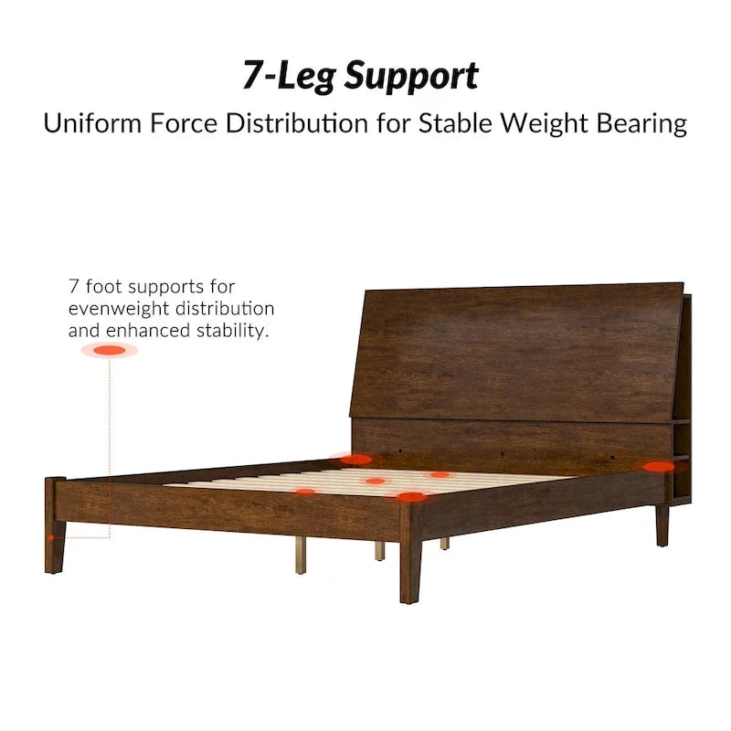 Mid-Century Modern Solid Wood Platform Bed with USB Ports and Storage Space by