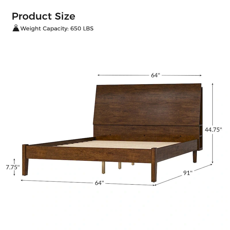 Mid-Century Modern Solid Wood Platform Bed with USB Ports and Storage Space by