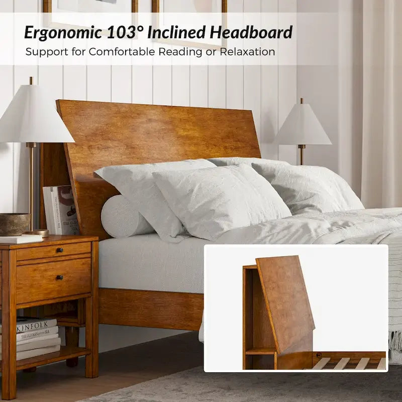 Mid-Century Modern Solid Wood Platform Bed with USB Ports and Storage Space by