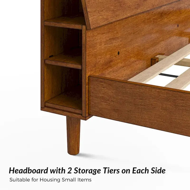 Mid-Century Modern Solid Wood Platform Bed with USB Ports and Storage Space by