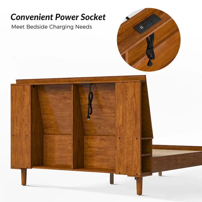 Mid-Century Modern Solid Wood Platform Bed with USB Ports and Storage Space by