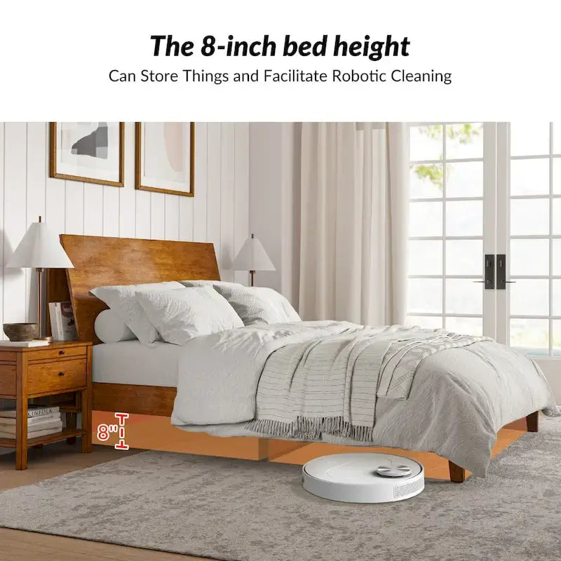 Mid-Century Modern Solid Wood Platform Bed with USB Ports and Storage Space by