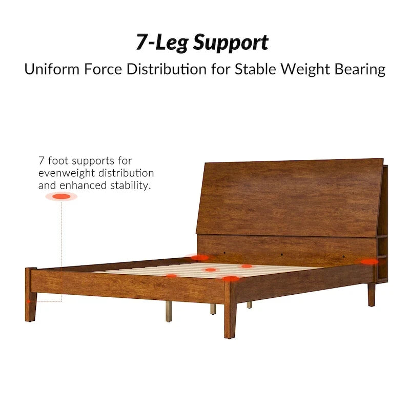 Mid-Century Modern Solid Wood Platform Bed with USB Ports and Storage Space by
