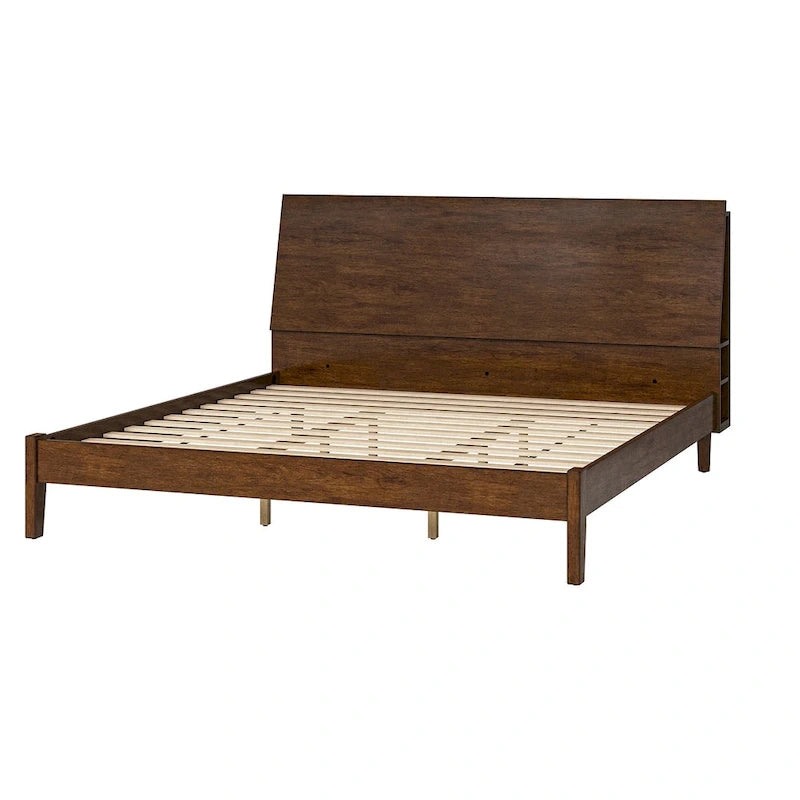 Mid-Century Modern Solid Wood Platform Bed with USB Ports and Storage Space by