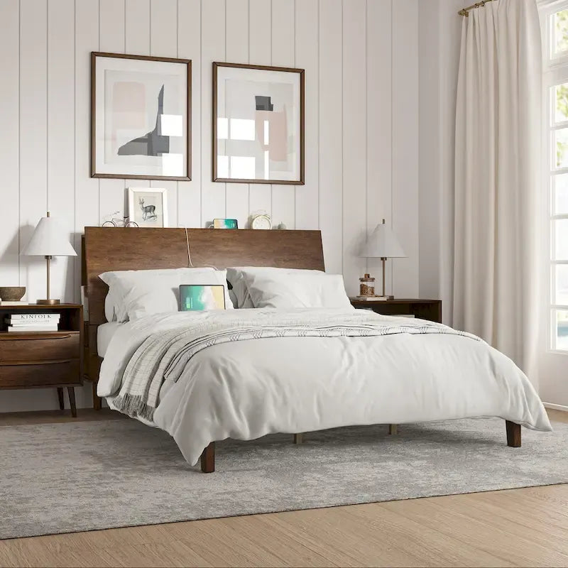 Mid-Century Modern Solid Wood Platform Bed with USB Ports and Storage Space by