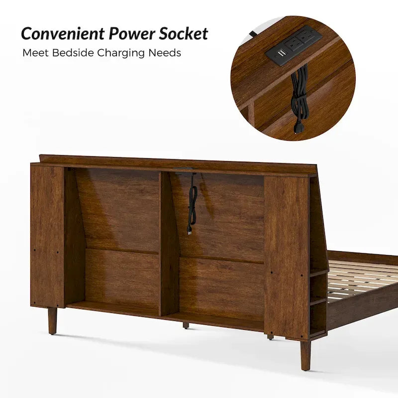 Mid-Century Modern Solid Wood Platform Bed with USB Ports and Storage Space by