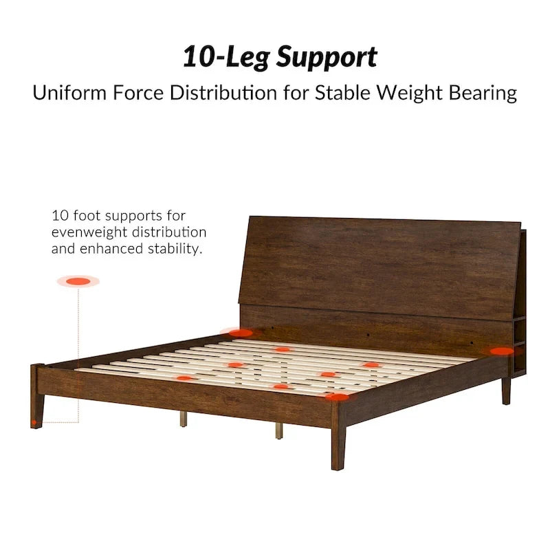 Mid-Century Modern Solid Wood Platform Bed with USB Ports and Storage Space by