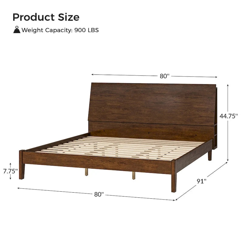 Mid-Century Modern Solid Wood Platform Bed with USB Ports and Storage Space by
