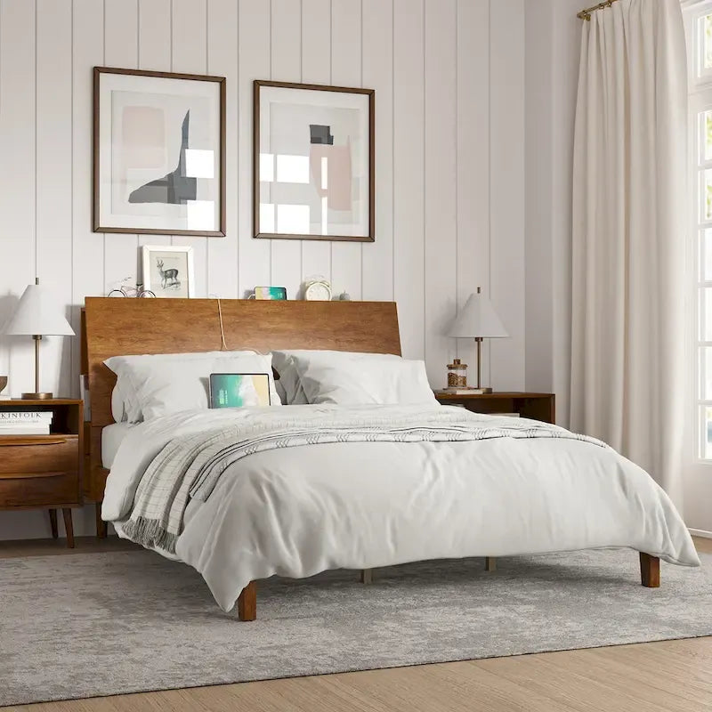Mid-Century Modern Solid Wood Platform Bed with USB Ports and Storage Space by