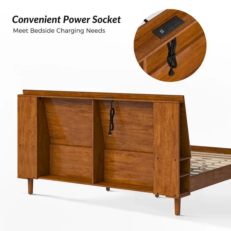 Mid-Century Modern Solid Wood Platform Bed with USB Ports and Storage Space by