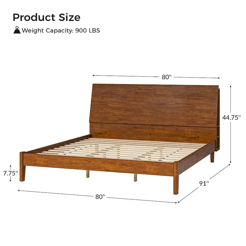 Mid-Century Modern Solid Wood Platform Bed with USB Ports and Storage Space by