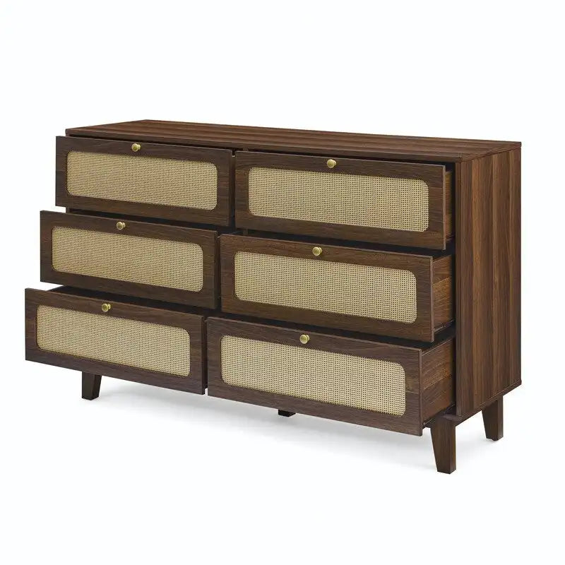 Mid-Century Modern Boho Style 6 Rattan Drawers Double Dresser with MDF Frame and Solid Wood Legs