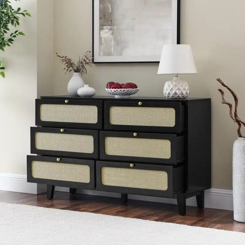 Mid-Century Modern Boho Style 6 Rattan Drawers Double Dresser with MDF Frame and Solid Wood Legs
