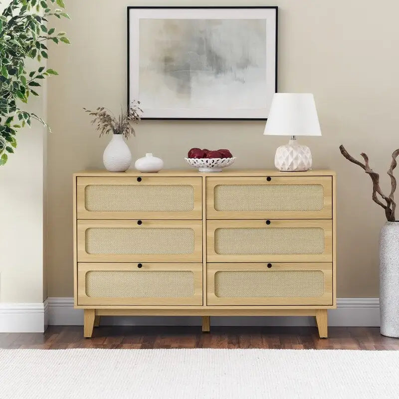 Mid-Century Modern Boho Style 6 Rattan Drawers Double Dresser with MDF Frame and Solid Wood Legs