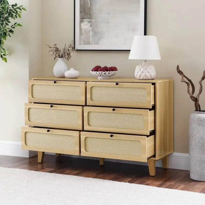 Mid-Century Modern Boho Style 6 Rattan Drawers Double Dresser with MDF Frame and Solid Wood Legs