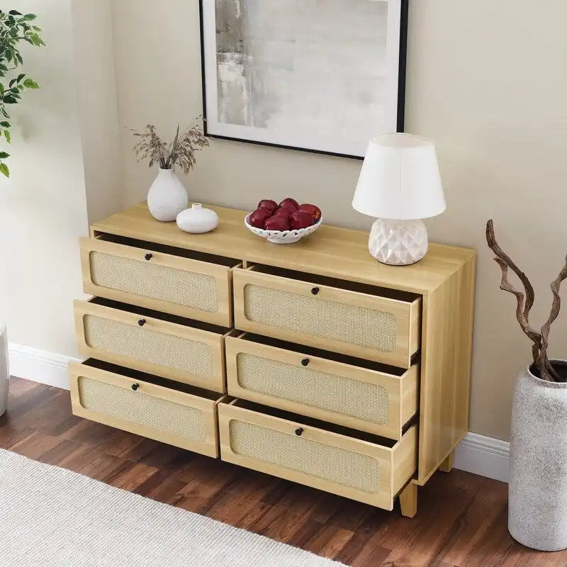 Mid-Century Modern Boho Style 6 Rattan Drawers Double Dresser with MDF Frame and Solid Wood Legs