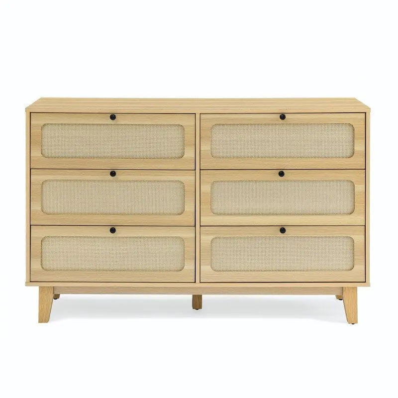 Mid-Century Modern Boho Style 6 Rattan Drawers Double Dresser with MDF Frame and Solid Wood Legs