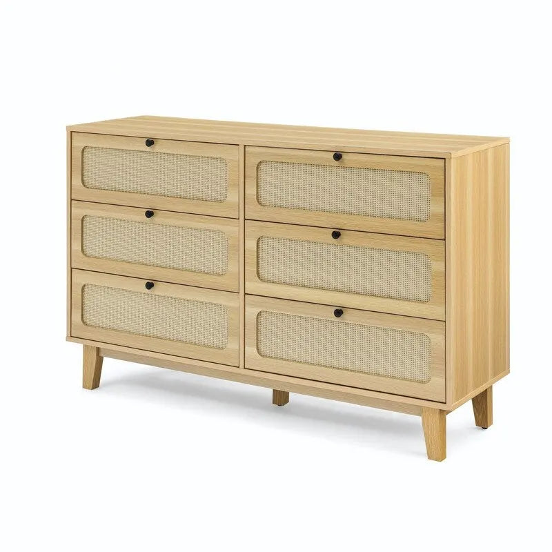 Mid-Century Modern Boho Style 6 Rattan Drawers Double Dresser with MDF Frame and Solid Wood Legs