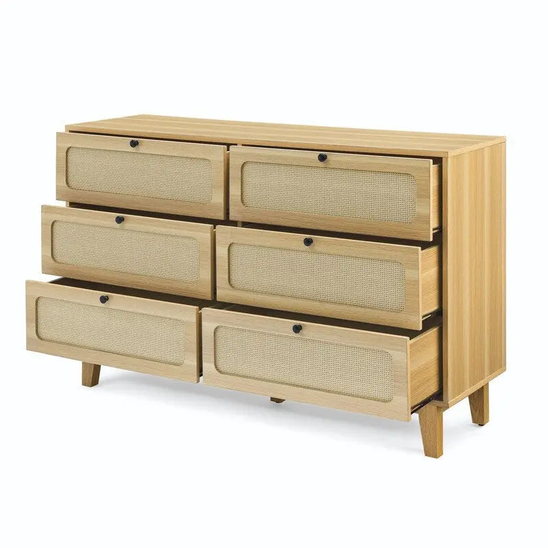 Mid-Century Modern Boho Style 6 Rattan Drawers Double Dresser with MDF Frame and Solid Wood Legs