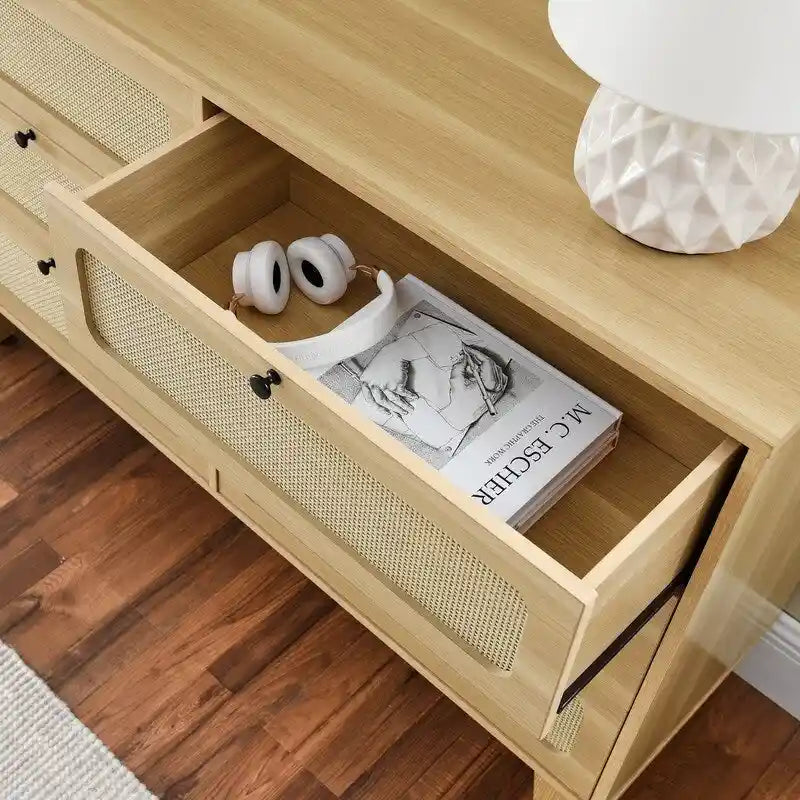 Mid-Century Modern Boho Style 6 Rattan Drawers Double Dresser with MDF Frame and Solid Wood Legs