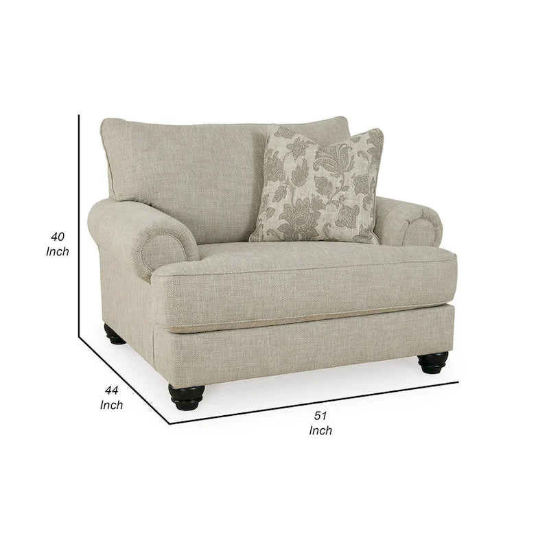 51 Inch Wide Oversized Chair, 1 Pillow, Rolled Arms, Beige Polyester