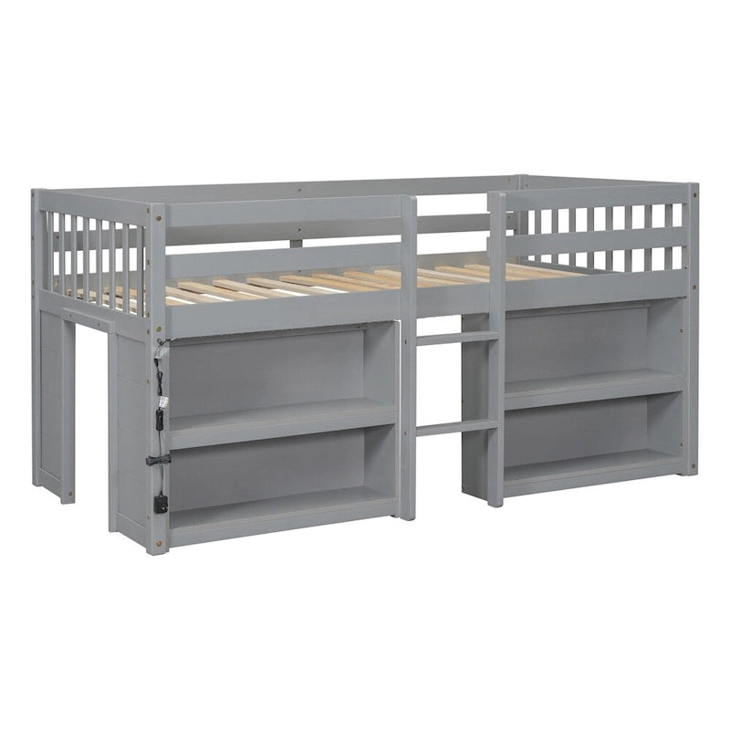 Twin Size Wood Loft Bed with Two-Tier Shelves and LED Light