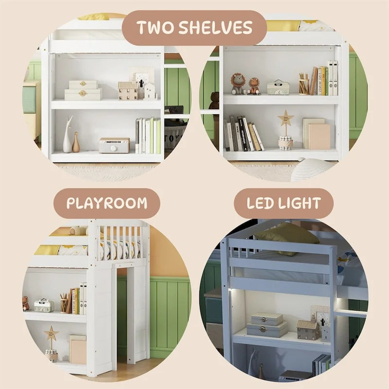 Twin Size Wood Loft Bed with Two-Tier Shelves and LED Light