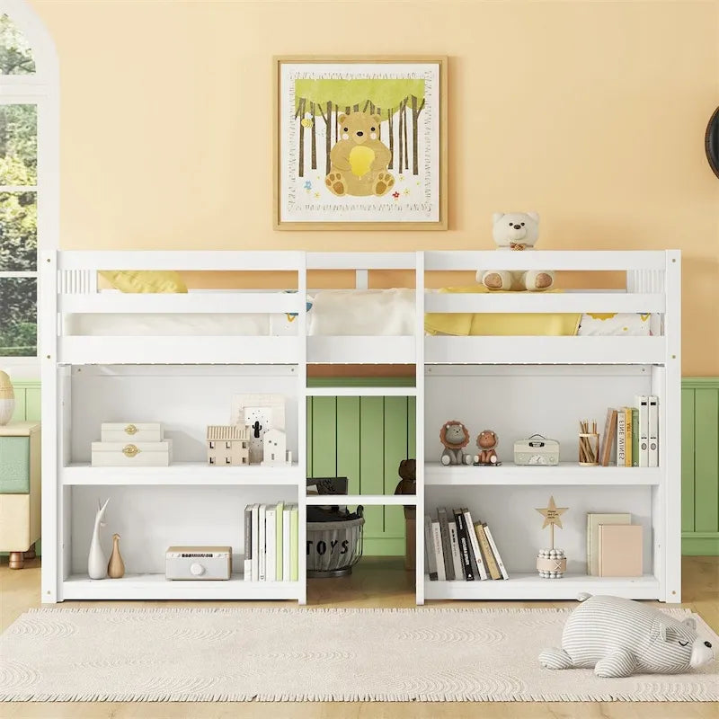 Twin Size Wood Loft Bed with Two-Tier Shelves and LED Light