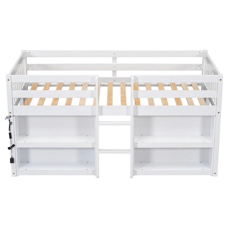 Twin Size Wood Loft Bed with Two-Tier Shelves and LED Light