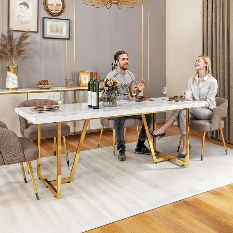 82 Large Dining Table for 6-8 People with Faux Marble Tabletop and Metal Legs