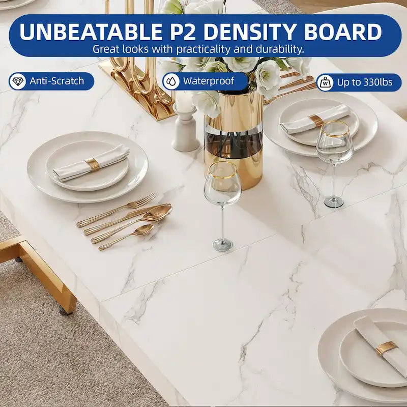 82 Large Dining Table for 6-8 People with Faux Marble Tabletop and Metal Legs