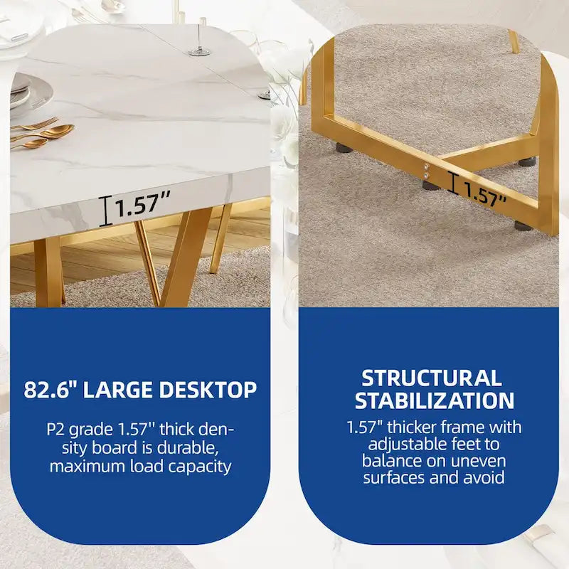 82 Large Dining Table for 6-8 People with Faux Marble Tabletop and Metal Legs