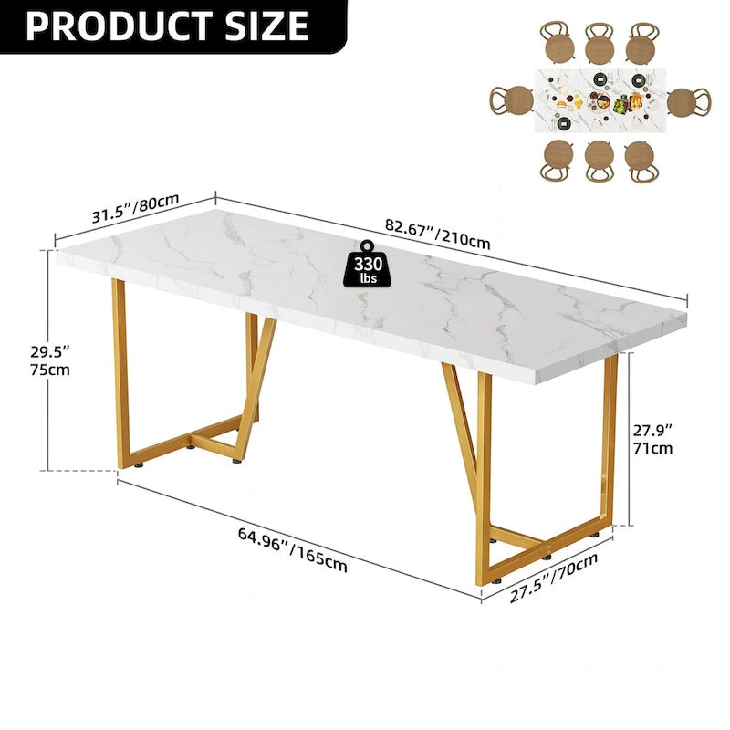 82 Large Dining Table for 6-8 People with Faux Marble Tabletop and Metal Legs