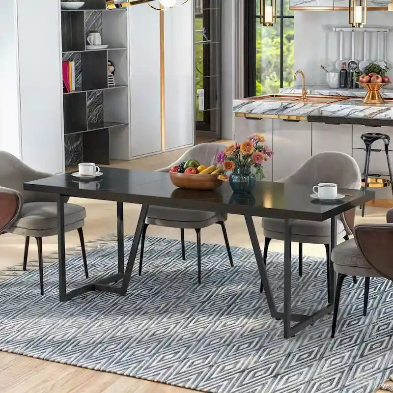 82 Large Dining Table for 6-8 People with Faux Marble Tabletop and Metal Legs