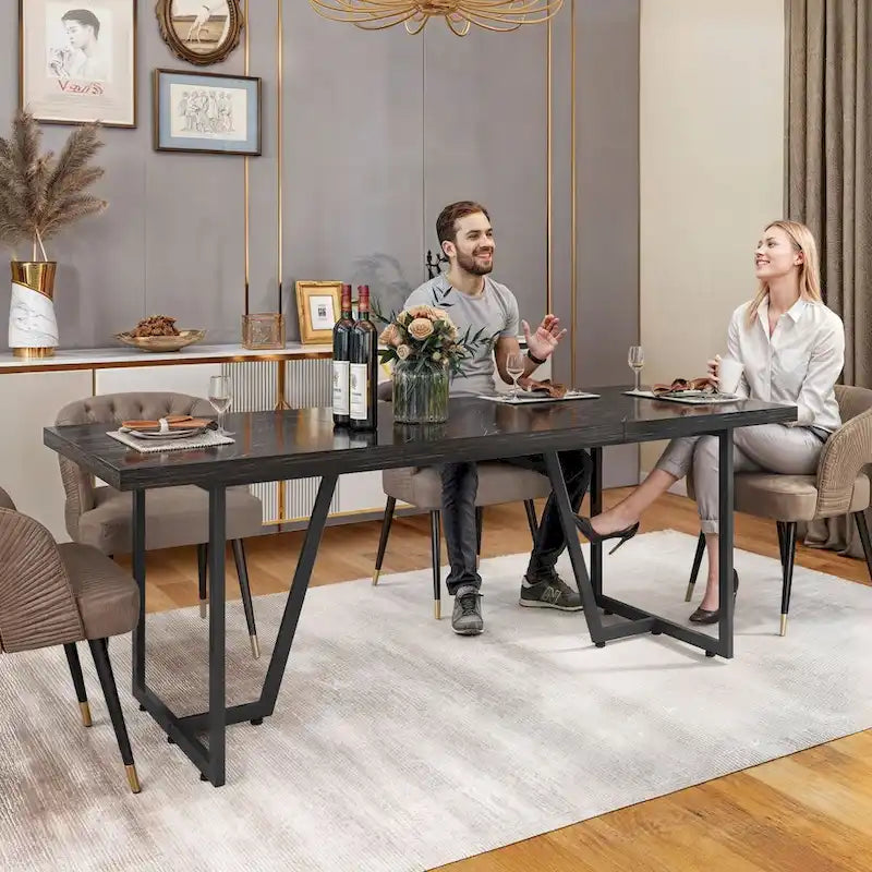 82 Large Dining Table for 6-8 People with Faux Marble Tabletop and Metal Legs