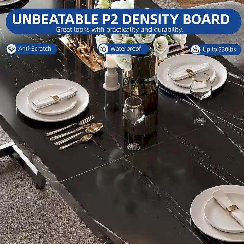 82 Large Dining Table for 6-8 People with Faux Marble Tabletop and Metal Legs