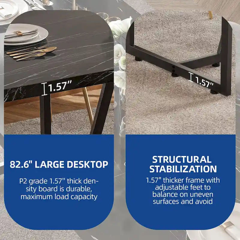 82 Large Dining Table for 6-8 People with Faux Marble Tabletop and Metal Legs