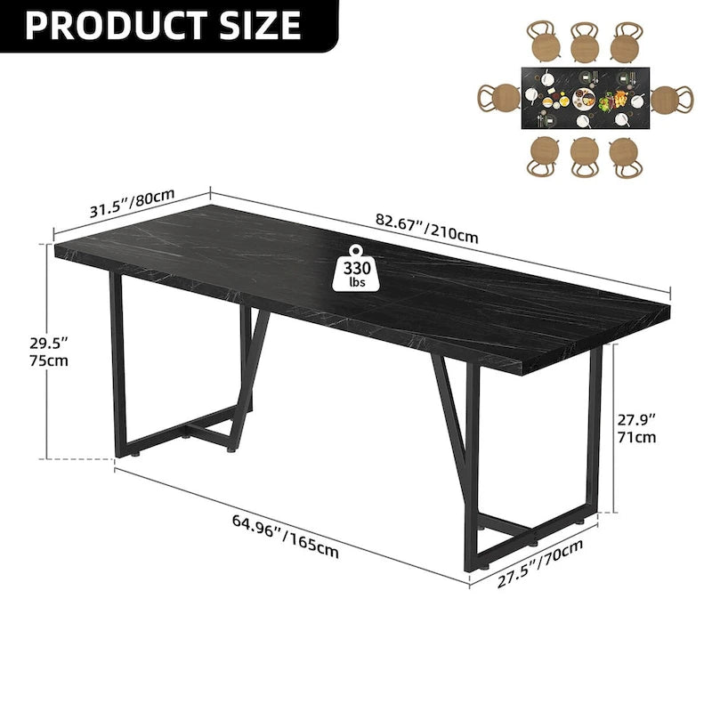 82 Large Dining Table for 6-8 People with Faux Marble Tabletop and Metal Legs
