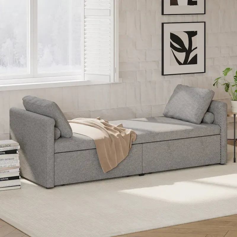 Modern Upholstered Chaise Lounger Daybed Small Single Daybed with 2 Drawers for Living Rooms